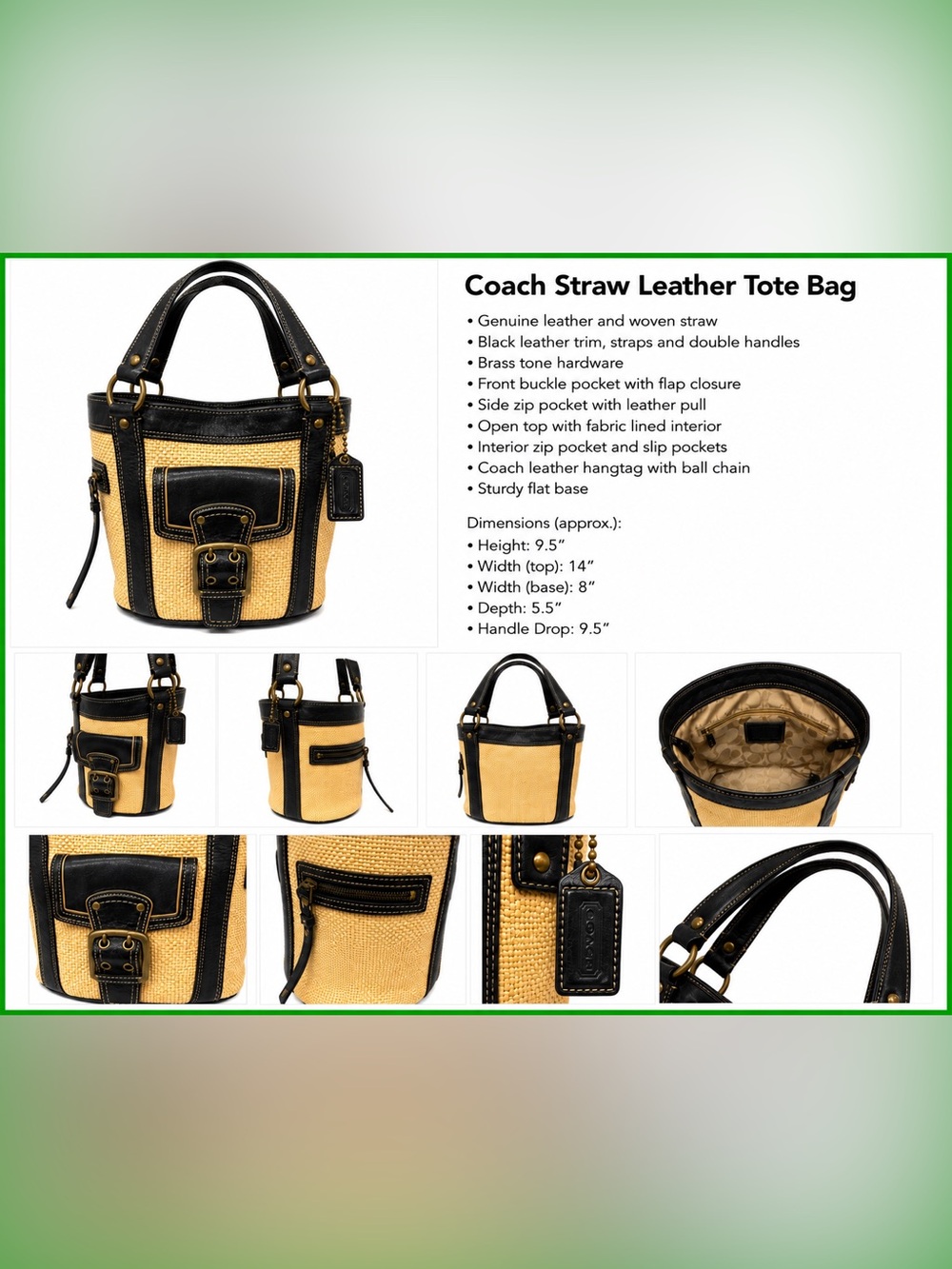 Coach Straw & Black Leather Double Handle Tote Bag